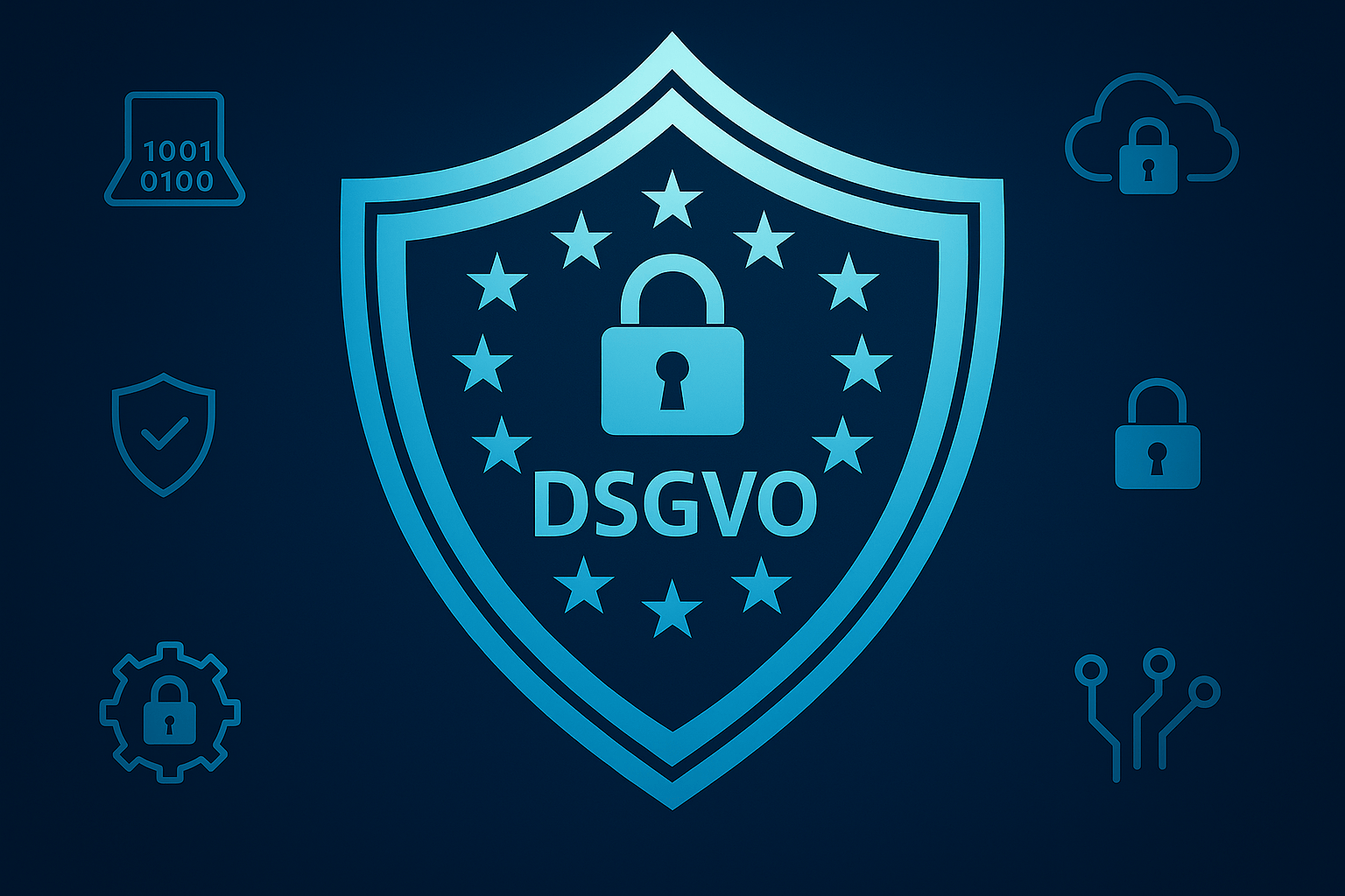 Modernes blaues Schutzschild mit DSGVO-Logo Datenschutz und Sicherheit für Unternehmen bei der Umsetzung der DSGVO 2025 Anforderungen