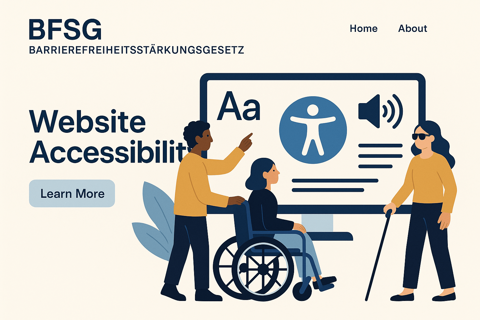 BFSG Verordnung 2025: Barrierefreiheit-Illustration mit Menschen im Rollstuhl und mit Blindenstock vor großem Bildschirm, der Symbole für Barrierefreiheit, große Schrift und Audioausgabe zeigt; daneben Text „Website Accessibility“ und Button „Learn More“.
