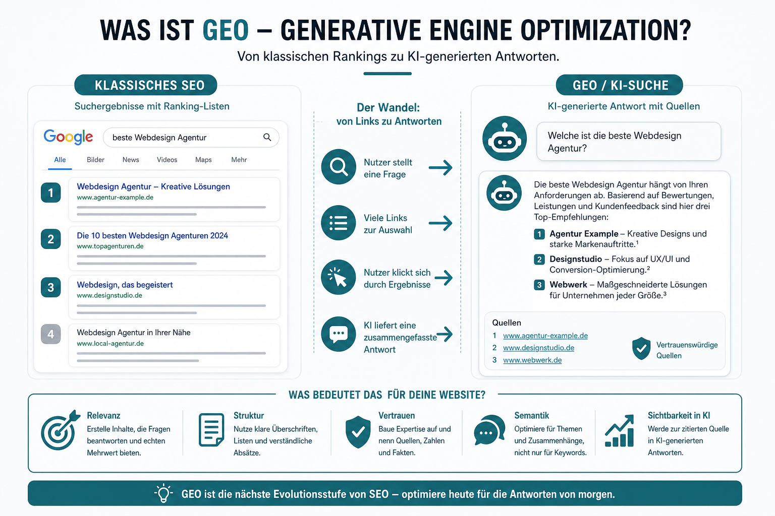 Ki-suchmaschinen & geo: wie ihre website 2026 sichtbar bleibt 1 Infografik: unterschied seo vs. Geo – generative engine optimization erklärt