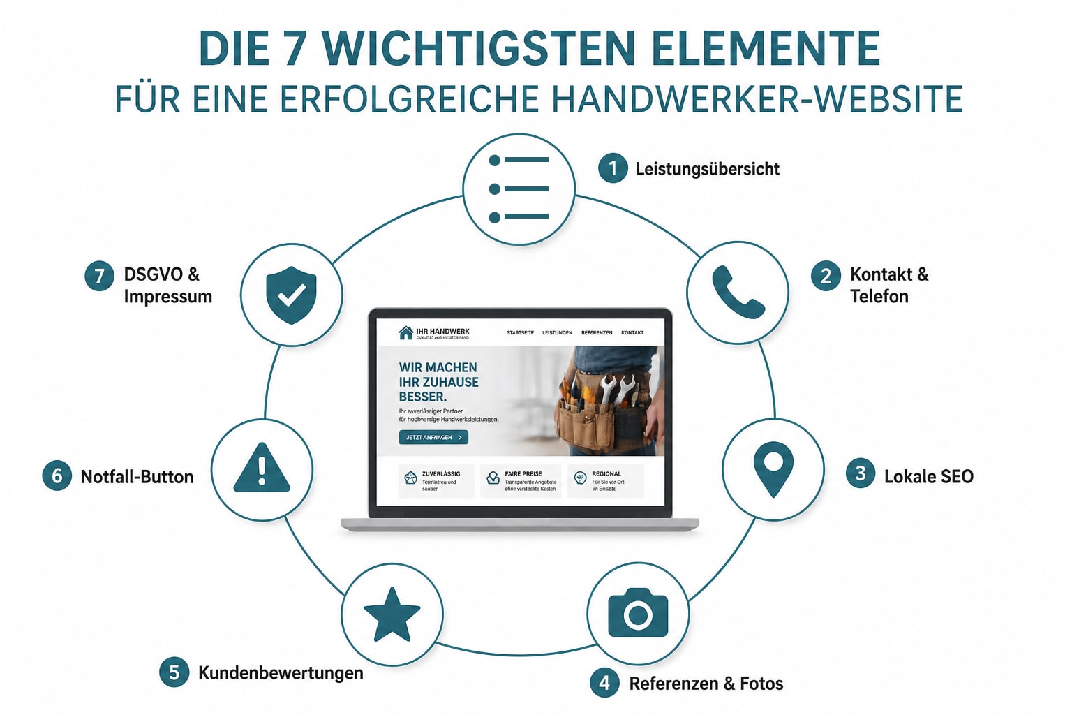 Website für handwerker: was ihre homepage wirklich braucht 2 Infografik: 7 kernelemente einer professionellen handwerker-website