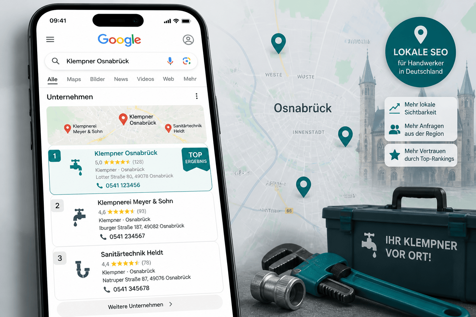 Website für handwerker: was ihre homepage wirklich braucht 3 Google maps local pack mit handwerker-suchergebnissen auf smartphone