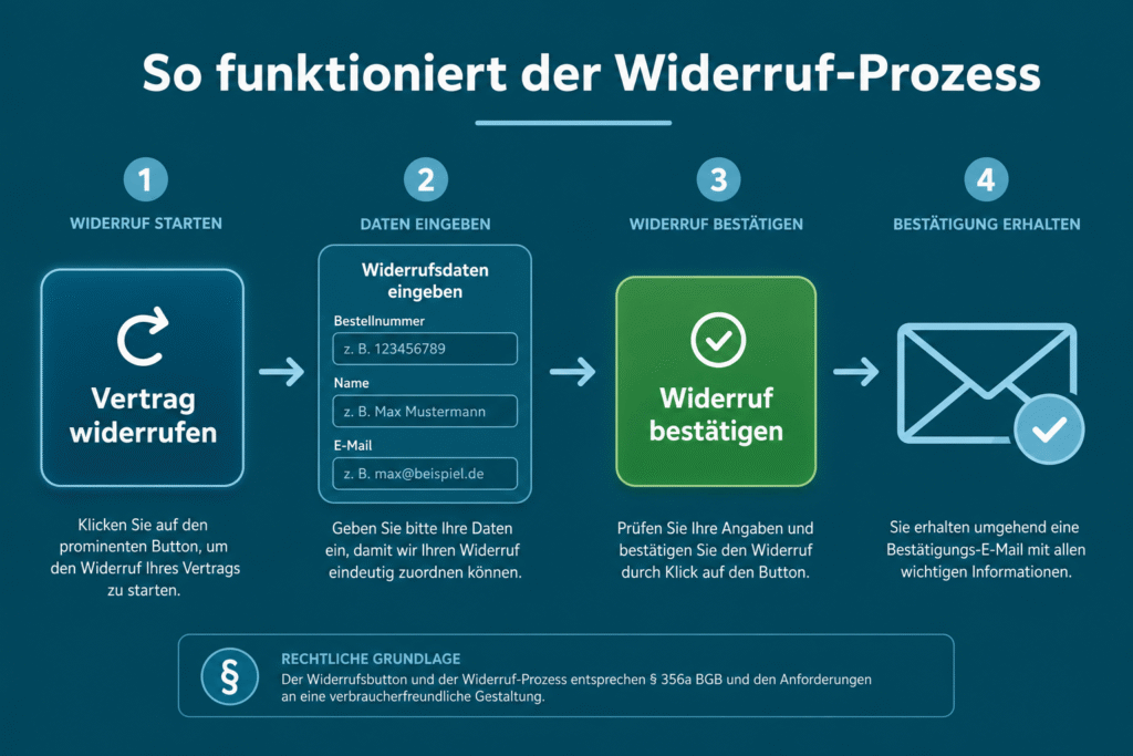 Widerrufsbutton pflicht ab 19. Juni 2026: was ihr online-shop jetzt braucht 1 Zweistufiger widerruf-prozess: button – formular – bestätigen – e-mail