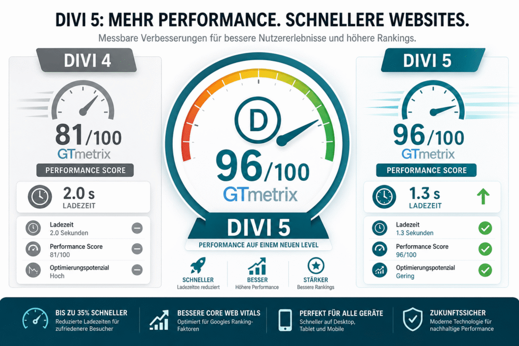 Wordpress 7 & divi 5: das perfekte zusammenspiel für ihre website 3 Performance-vergleich divi 4 vs. Divi 5: gtmetrix 81 zu 96 punkte, ladezeit 2s zu 1,3s
