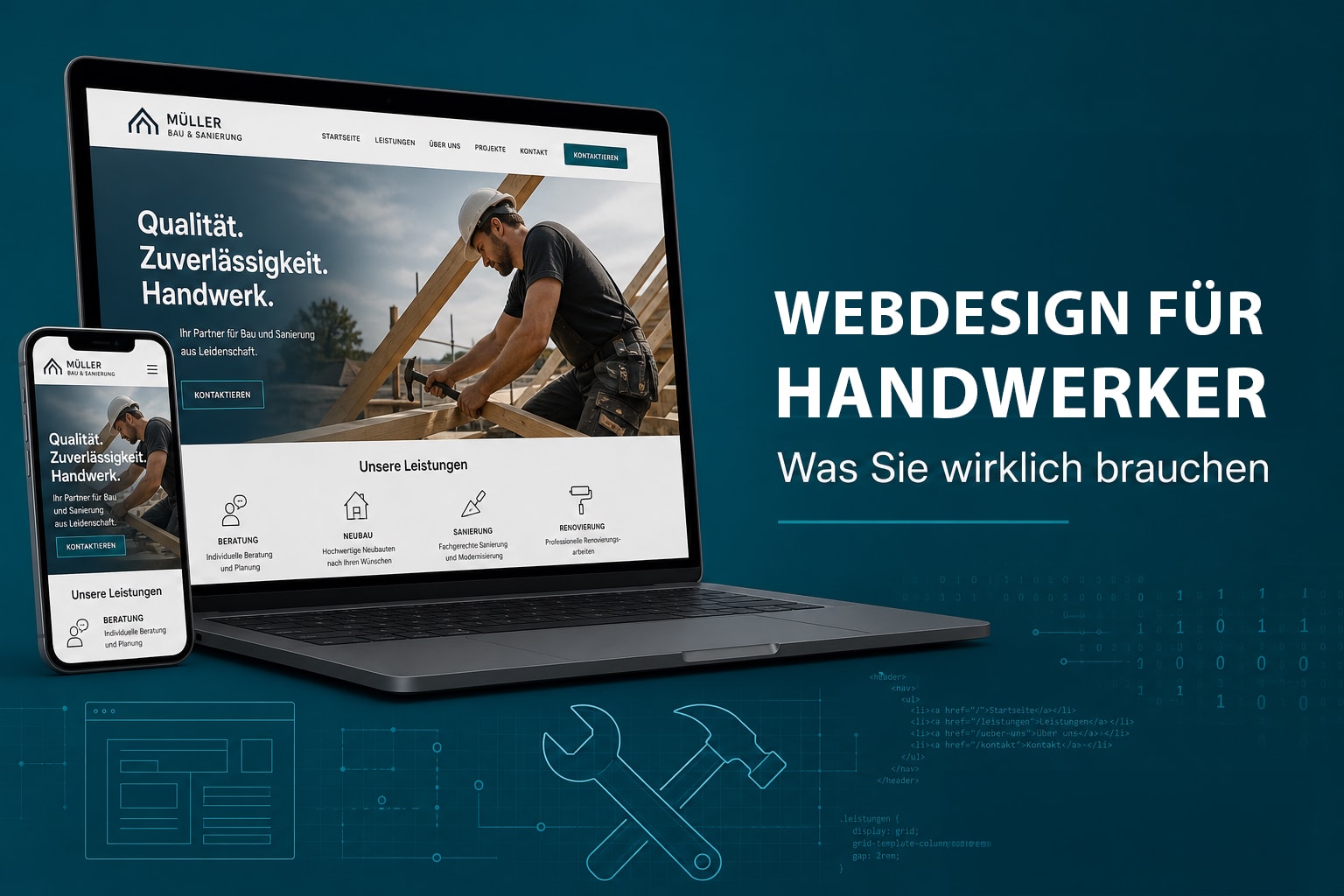 Laptop und smartphone mit professioneller website für handwerker, petrol-design, modern
